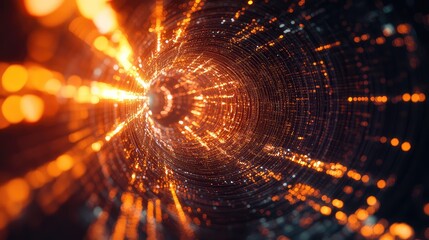 Abstract glowing tunnel sending digital data processing