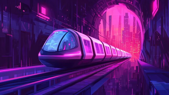 Futuristic train arriving in neon cyberpunk subway station