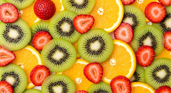 Vibrant mix of fresh fruits including kiwi, oranges, and juicy strawberries for healthy eating promotions and summer-themed advertising campaigns