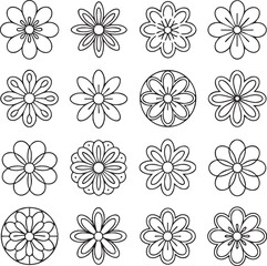 Collection of sixteen black and white outline flower icons