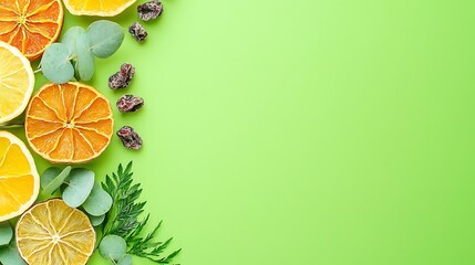 Olive green background with dried fruits and eucalyptus leaves arranged neatly under soft light