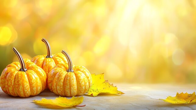 Pastel beige still life showing mini pumpkins under glowing afternoon light and autumn blur - Powered by Adobe