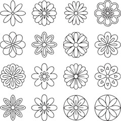 Collection of sixteen black and white floral outlines