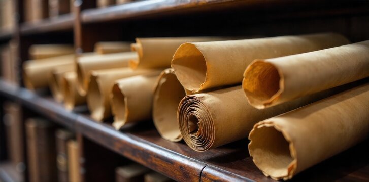 A collection of rolled, antique scrolls stacked and tied with ribbons on a dusty, wooden shelf. A still life composition of several rolled antique scrolls of varying sizes, neatly stacked on a dusty,