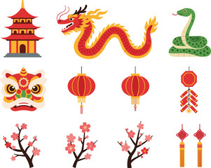 Set of Chinese New Year Celebration Elements, Featuring Dragon, Pagoda, Lanterns, Lion Dance Mask, Firecrackers, and Cherry Blossoms Flat Vector Illustration