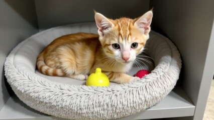 A small kitten sitting comfortably in a cozy cat bed