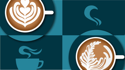 Coffee Cups with Latte Art Pattern on Modern Teal Background