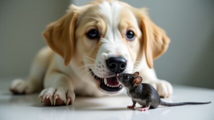 A heartwarming scene of an unlikely friendship between a dog and a rat, showing their playful nature
