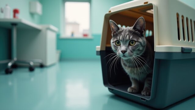 A domestic cat sitting comfortably in a cat carrier, ideal for pet-related or home decor uses