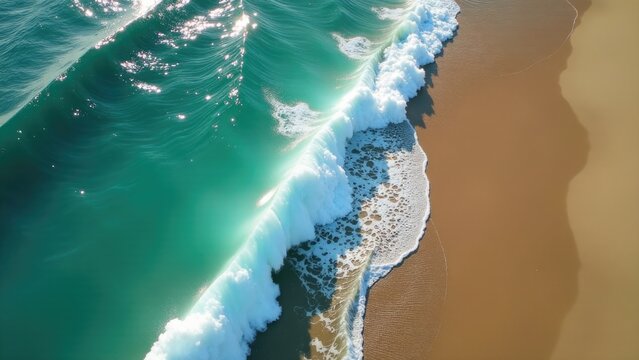 Aerial view of a beach with waves, ideal for travel or vacation themed projects