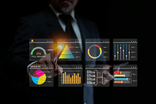 Businessman using virtual screen to analyze key performance indicators KPI dashboard with charts, metrics, operations and sales data. Financial business data analytics graph dashboard