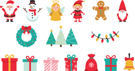 Large Set of Cute Christmas and Winter Holiday Icons, Featuring Santa Claus, Snowman, Elf, Gingerbread Man, Trees, and Gift Boxes Flat Vector Collection
