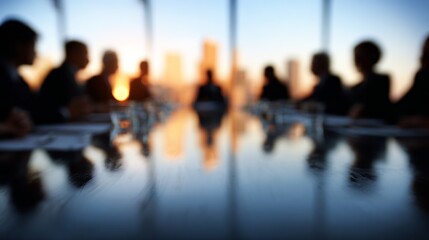 A diverse group of professionals holds a meeting in a contemporary office, with a blurred sunset cityscape as a backdrop. The atmosphere is one of collaboration and engagement