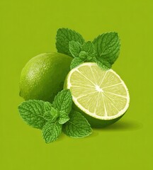 A lime and a sprig of mint are on a green background