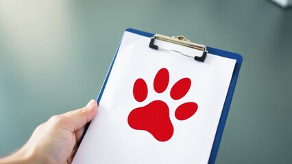 A person holds a clipboard with a distinctive paw print, suitable for office or educational settings