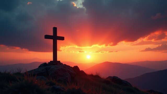 A cross on a mountain peak at sunset, a scenic view - Powered by Adobe