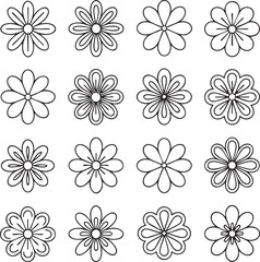 Collection of sixteen simple black line art flowers