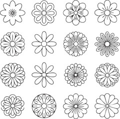 Collection of sixteen black outline flower illustrations