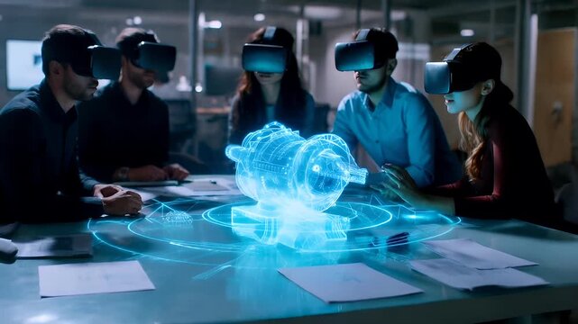 A futuristic scene featuring a group of individuals immersed in virtual reality VR technology. The main subject is a woman and a man interacting with a holographic interface.