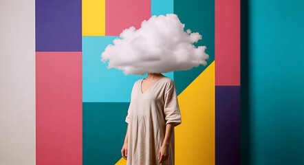 Surreal portrait of a woman with a cloud head, standing against a colorful geometric background — representing daydreams, creativity, and imagination .Conceptual surreal image of a woman with a cloud 