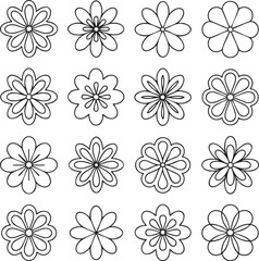 Sixteen black and white floral outlines on white background