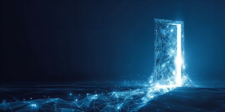 Glowing digital doorway constructed with connected polygons and light representing opportunity and technological advancement in the future