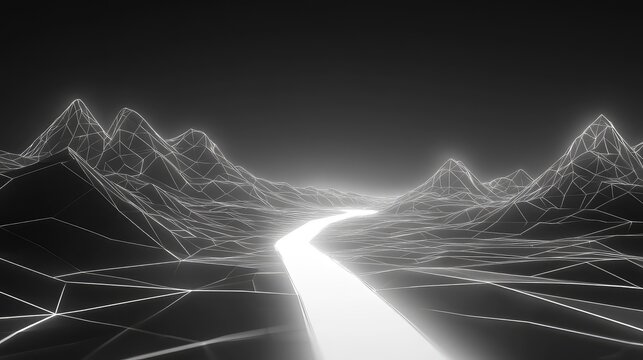 Virtual reality wireframe landscape with glowing path
