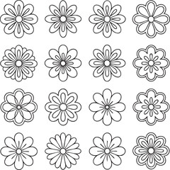 Sixteen black line art flower icons on white background