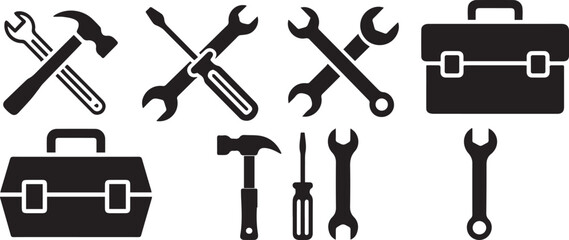 A collection of tool icons including wrenches, hammers, screwdrivers, and toolboxes
