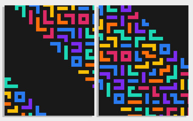 Set of two modern abstract backgrounds with a vibrant geometric pattern of colorful pixelated blocks creating a maze-like design