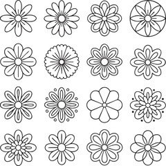 Sixteen Black Outline Flower Icons Various Designs