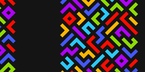 Set of two modern abstract backgrounds with a vibrant geometric pattern of colorful pixelated blocks creating a maze-like design