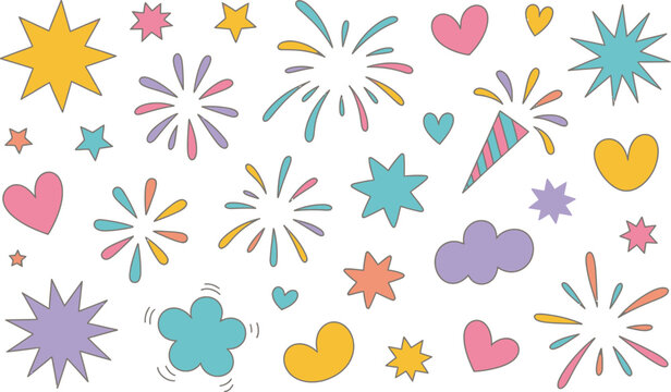 Vibrant doodle elements featuring colorful stars, hearts, abstract bursts, and party poppers for cheerful designs and celebrations. Vector - Powered by Adobe