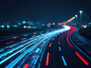 A long exposure photo of a highway at night with cars and trucks passing by