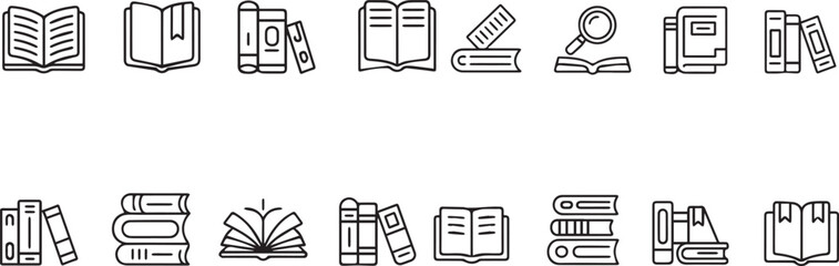 Collection of line art book icons depicting various reading and study symbols