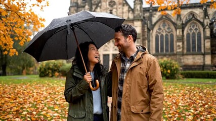A happy couple shares an umbrella and smiles on a rainy autumn day by a historic building.