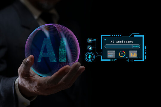 Businessman holding digital AI assistant interface with generative AI tools on virtual screen. Smart assistants supporting human tasks. Concept of technology