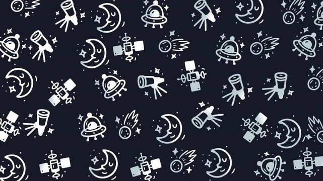 Doodle space themed pattern with moons, telescopes, and spaceships. Suitable for backgrounds, textiles, stationery, and childrens products. Whimsical and playful.