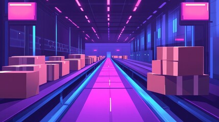 Fototapeta premium Automated warehouse with conveyor belts moving parcels