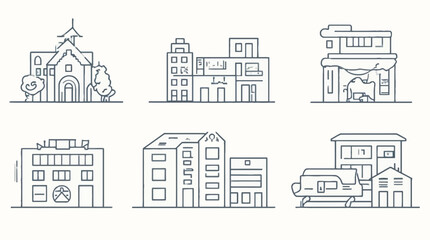 Obraz premium A diverse collection of modern and traditional building line art illustrations on a white background.