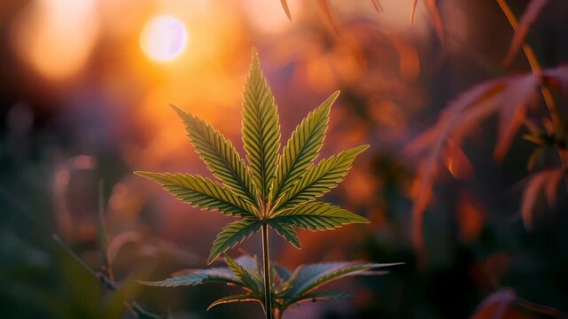 Marijuana cannabis topic concept. A closeup of a cannabis leaf during sunset. The leaf is illuminated by the setting sun, which casts a warm, golden hue over the scene. The background is blurred.