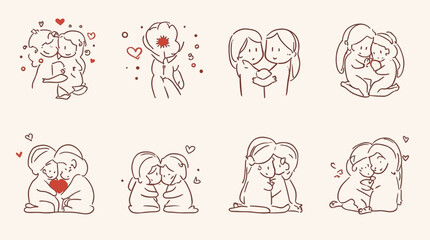 Minimalist line art showing loving couples hugging in various affectionate poses