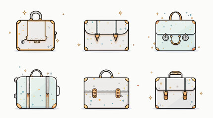 A collection of six elegantly designed travel suitcases and briefcases with golden accents.