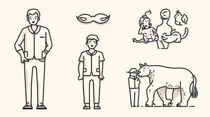 A collection of diverse human figures, a mustache icon, and an animal scene illustration.
