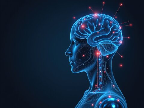 An illustration of a woman's head with a glowing brain, ideal for representing innovative ideas or futuristic concepts