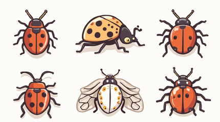 A collection of six cartoon ladybugs in various poses and colors on a clean background.
