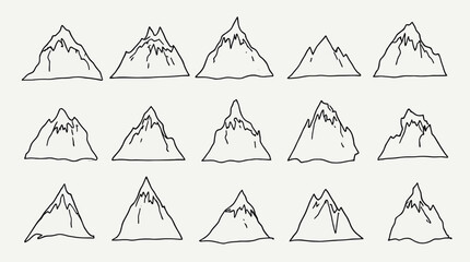 A collection of simple hand-drawn mountain range illustrations presented on a clean white background