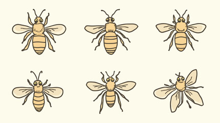 Collection of six hand-drawn bee illustrations in various poses and styles