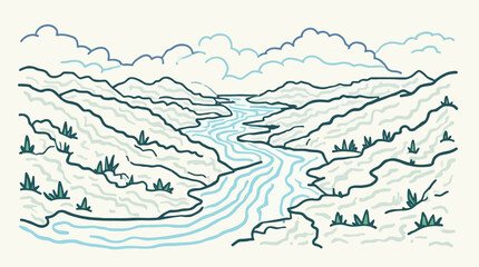 A minimalistic line art illustration depicts a winding river flowing through a serene mountain valley