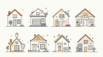 A charming collection of diverse minimalist house illustrations with unique architectural details.
